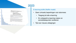 2023
E-learning buffet (Netflix model)
• Geen (virtuele) beperkingen voor abonnees
• Toegang tot alle e-learning
• En onbeperkt e-learning maken en
accreditatiepunten verdienen
• Tijd voor nieuwe uitdagingen
 