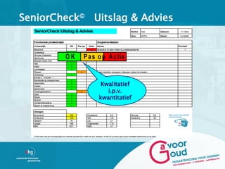 SeniorCheck© Uitslag & Advies
  SeniorCheck Uitslag & Advies                                                                                                          Patiënt       Test                     Geboren     1-7-1944

                                                                                                                                        Door          EV/FG                    Datum       5-5-2009


  Functionele probleemlijst                                                              Zorgbehandelplan
  Lichamelijk                                      OK         Pas op          Actie      Advies                                                                                          Prioriteit
  Bloeddruk                                                                      x       Bloeddruk 3x laten meten bij praktijkassistente                                                       1
  Cholesterol                                        x
  Glucose (Diabetes)
  Nierfunctie
  Bloedarmoede (Hb)
                                             OK      x
                                                     x
                                                     x
                                                                       P a s o p A c tie
  Hart                                               x
  Vaten                                              x
  Luchtwegen                                         x
  Plassen                                                          x                     Indien klachten verergeren, afspraak maken bij huisarts
  Ontlasting                                         x
  Borsten ( vrouwen )
  Botontkalking (osteoporose)                        x
  Gewrichten
  Voeten
                                                     x
                                                     x                                       Kwalitatief
                                                                                               i.p.v.
  Spierkracht                                        x
  Voedingstoestand                                                 x                     Neiging tot overgewicht


                                                                                            kwantitatief
  Gebit                                              x
  Roken                                              x
  Alcohol                                            x
  Lichaamsbeweging                                   x
  Slapen & ontspanning                               x

  Uitslagen
  Bovendruk                                        190                     Cholesterol                     5,0                          Glucose                        5,5
  Onderdruk                                        100                     HDL                            1,34                          Kreatinine                     85
  Gewicht                                           70                     LDL                             3,1
  Lengte                                           165                     Triglyceriden                  1,13
  BMI                                              25,7                    Ratio                           3,7



  © Deze kaart mag niet vermenigvuldigd en/of openbaar gemaakt door middel van druk, fotokopie, microfilm of op andere wijze zonder schriftelijke toestemming van de auteur.
 