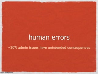 human errors
             ~20% admin issues have unintended consequences




Source: James Hamilton
 