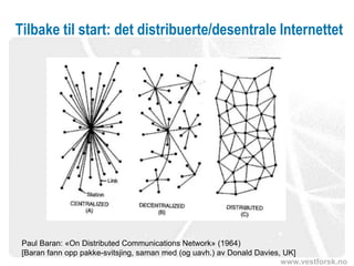 www.vestforsk.no
Tilbake til start: det distribuerte/desentrale Internettet
Paul Baran: «On Distributed Communications Network» (1964)
[Baran fann opp pakke-svitsjing, saman med (og uavh.) av Donald Davies, UK]
 