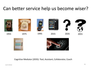 6/27/2016 16
1955 1975 1995 2015 2035 2055
Can better service help us become wiser?
Cognitive Mediator (2035): Tool, Assistant, Collaborator, Coach
 