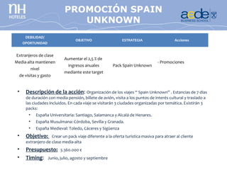 PROMOCIÓN SPAIN
                               CONCURSO
                             FOTOGRAFÍA
                                UNKNOWN
      DEBILIDAD/
                                  OBJETIVO                  ESTRATEGIA                    Acciones
     OPORTUNIDAD


Extranjeros de clase
                            Aumentar el 2,5 % de
Media-alta mantienen                                                            - Promociones
                              ingresos anuales         Pack Spain Unknown
           nivel
                            mediante este target
  de visitas y gasto


 •    Descripción de la acción: Organización de los viajes “ Spain Unknown” . Estancias de 7 días
      de duración con media pensión, billete de avión, visita a los puntos de interés cultural y traslado a
      las ciudades incluidos. En cada viaje se visitarán 3 ciudades organizadas por temática. Existirán 3
      packs:
        • España Universitaria: Santiago, Salamanca y Alcalá de Henares.
       •      España Musulmana: Córdoba, Sevilla y Granada.
       •      España Medieval: Toledo, Cáceres y Sigüenza
 •    Objetivo:     Crear un pack viaje diferente a la oferta turística masiva para atraer al cliente
      extranjero de clase media-alta
 •    Presupuesto: 3.360.000 €
 •    Timing: Junio, julio, agosto y septiembre
 