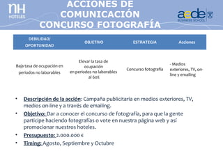 ACCIONES DE
                 COMUNICACIÓN
              CONCURSO FOTOGRAFÍA
         DEBILIDAD/
                                    OBJETIVO                ESTRATEGIA              Acciones
       OPORTUNIDAD


                                 Elevar la tasa de
Baja tasa de ocupación en                                                      - Medios
                                     ocupación
                                                         Concurso fotografía   exteriores, TV, on-
    periodos no laborables   en períodos no laborables
                                                                               line y emailing
                                       al 60%




•     Descripción de la acción: Campaña publicitaria en medios exteriores, TV,
      medios on-line y a través de emailing.
•     Objetivo: Dar a conocer el concurso de fotografía, para que la gente
      participe haciendo fotografías o vote en nuestra página web y así
      promocionar nuestros hoteles.
•     Presupuesto: 2.000.000 €
•     Timing: Agosto, Septiembre y Octubre
 