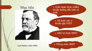 Mục tiêu
Louis Pasteur (1822-1895)
1. Chẩn đoán được nhiễm
khuẩn đường tiểu trên và
dưới.
3. Điều trị được NKĐT
2. Kể được các vi
khuẩn gây NTĐT
4. Phòng được NKĐT
 
