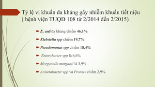 Tỷ lệ vi khuẩn đa kháng gây nhiễm khuẩn tiết niệu
( bệnh viện TUQĐ 108 từ 2/2014 đến 2/2015)
 E. coli đa kháng chiếm 46,1%
 Klebsiella spp chiếm 19,7%
 Pseudomonas spp chiếm 18,4%
 Enterobacter spp là 6,6%
 Morganella morganii là 3,9%
 Acinetobacter spp và Proteus chiếm 2,9%.
 