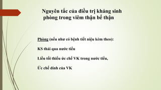 Phòng (nếu như có bệnh tiết niệu kèm theo):
KS thải qua nước tiểu
Liều tối thiểu ức chế VK trong nước tiểu,
Ức chế dính của VK
Nguyên tắc của điều trị kháng sinh
phòng trong viêm thận bể thận
 