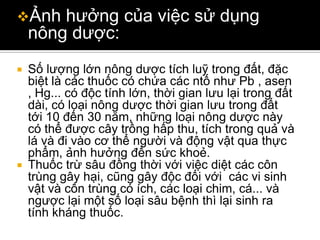 Ảnh    hưởng của việc sử dụng
    nông dược:
 Số lượng lớn nông dược tích luỹ trong đất, đặc
  biệt là các thuốc có chứa các ntố như Pb , asen
  , Hg... có độc tính lớn, thời gian lưu lại trong đất
  dài, có loại nông dược thời gian lưu trong đất
  tới 10 đến 30 năm, những loại nông dược này
  có thể được cây trồng hấp thu, tích trong quả và
  lá và đi vào cơ thể người và động vật qua thực
  phẩm, ảnh hưởng đến sức khoẻ.
 Thuốc trừ sâu đồng thời với việc diệt các côn
  trùng gây hại, cũng gây độc đối với các vi sinh
  vật và côn trùng có ích, các loại chim, cá... và
  ngược lại một số loại sâu bệnh thì lại sinh ra
  tính kháng thuốc.
 