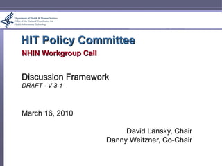 HIT Policy Committee NHIN Workgroup Call Discussion Framework DRAFT - V 3-1 March 16, 2010 David Lansky, Chair Danny Weitzner, Co-Chair 