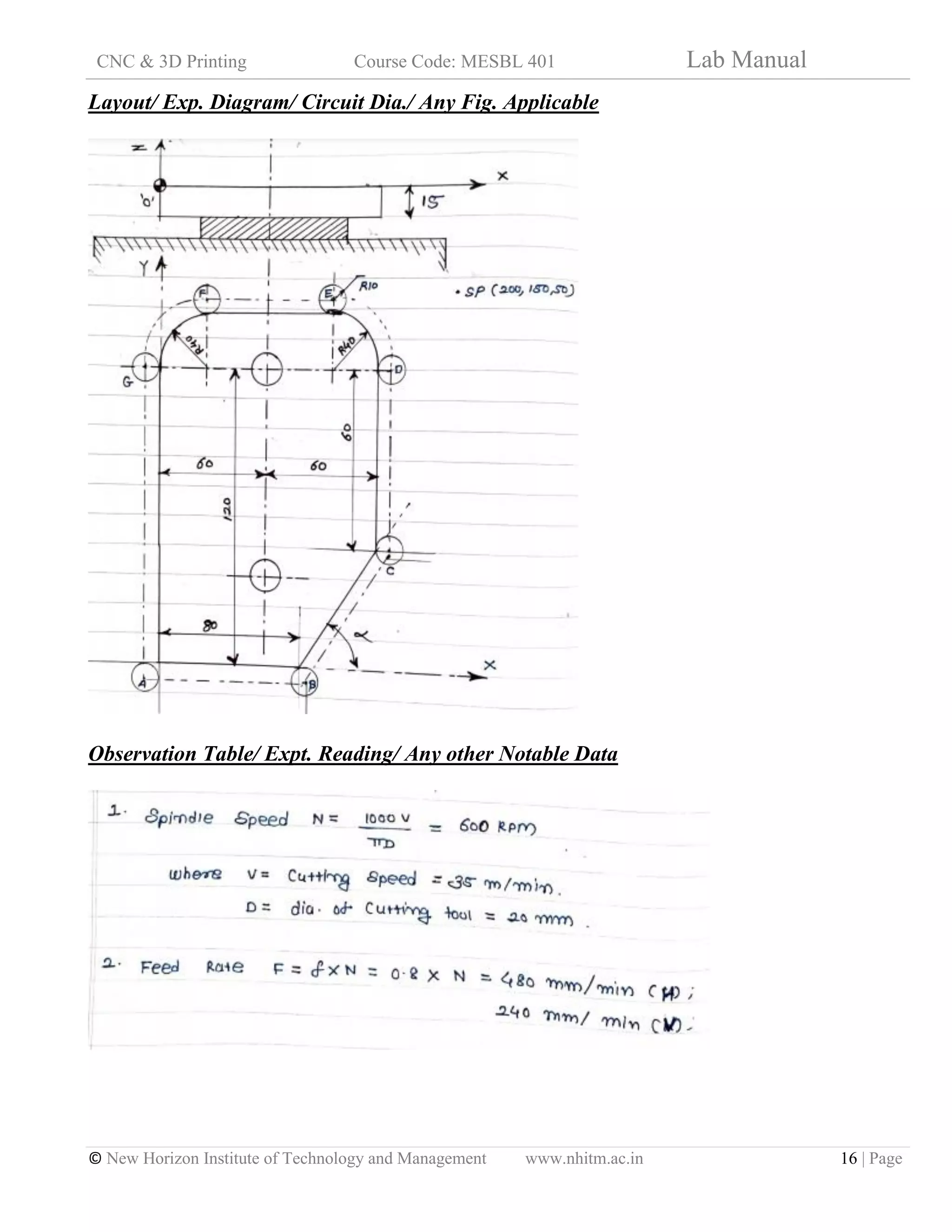 CNC & 3D Printing Course Code: MESBL 401 Lab Manual
© New Horizon Institute of Technology and Management www.nhitm.ac.in 16 | Page
Layout/ Exp. Diagram/ Circuit Dia./ Any Fig. Applicable
Observation Table/ Expt. Reading/ Any other Notable Data
 