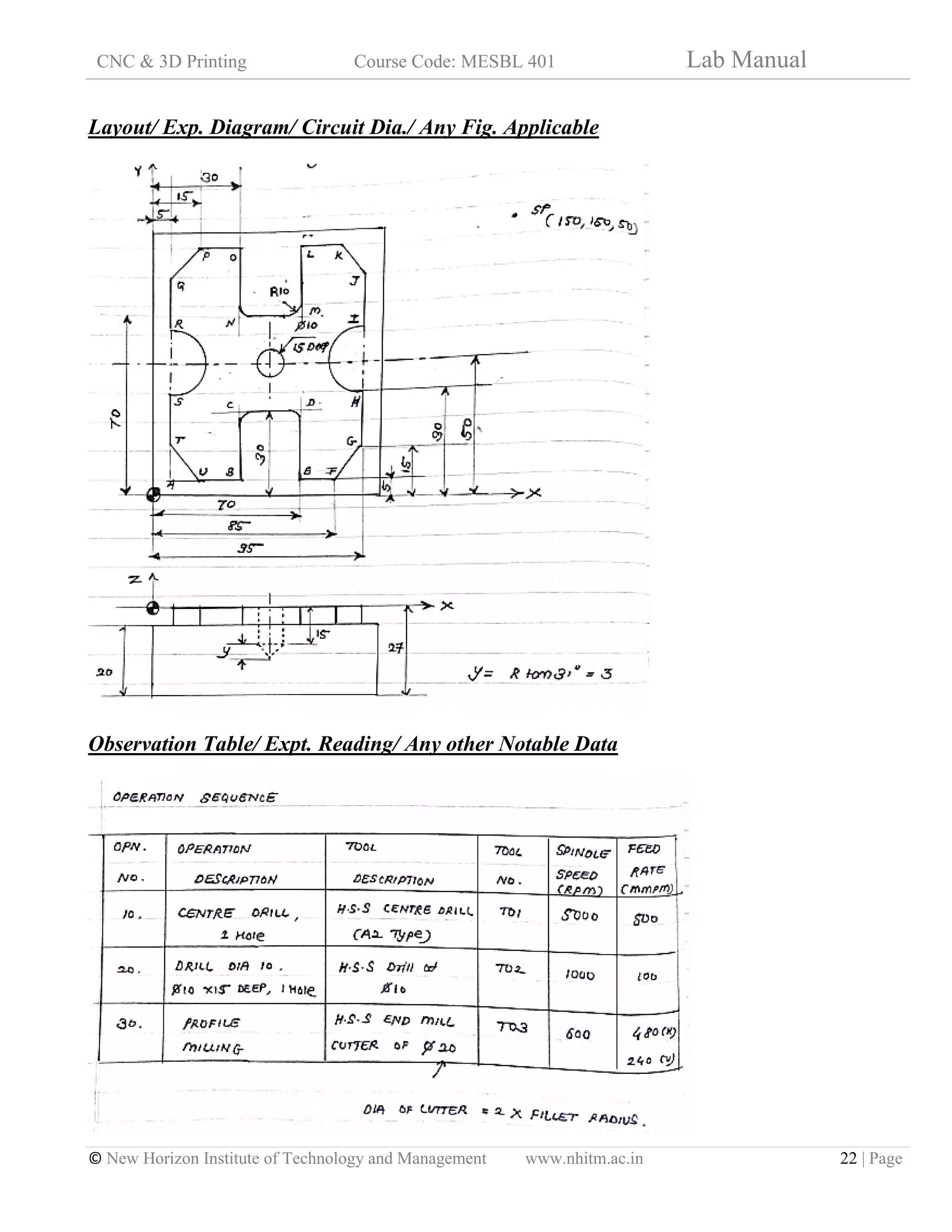 CNC & 3D Printing Course Code: MESBL 401 Lab Manual
© New Horizon Institute of Technology and Management www.nhitm.ac.in 22 | Page
Layout/ Exp. Diagram/ Circuit Dia./ Any Fig. Applicable
Observation Table/ Expt. Reading/ Any other Notable Data
 
