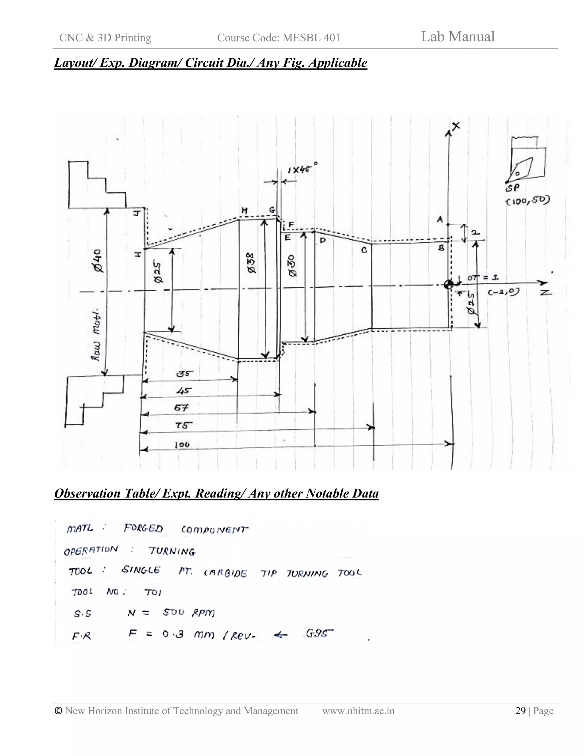 CNC & 3D Printing Course Code: MESBL 401 Lab Manual
© New Horizon Institute of Technology and Management www.nhitm.ac.in 29 | Page
Layout/ Exp. Diagram/ Circuit Dia./ Any Fig. Applicable
Observation Table/ Expt. Reading/ Any other Notable Data
 