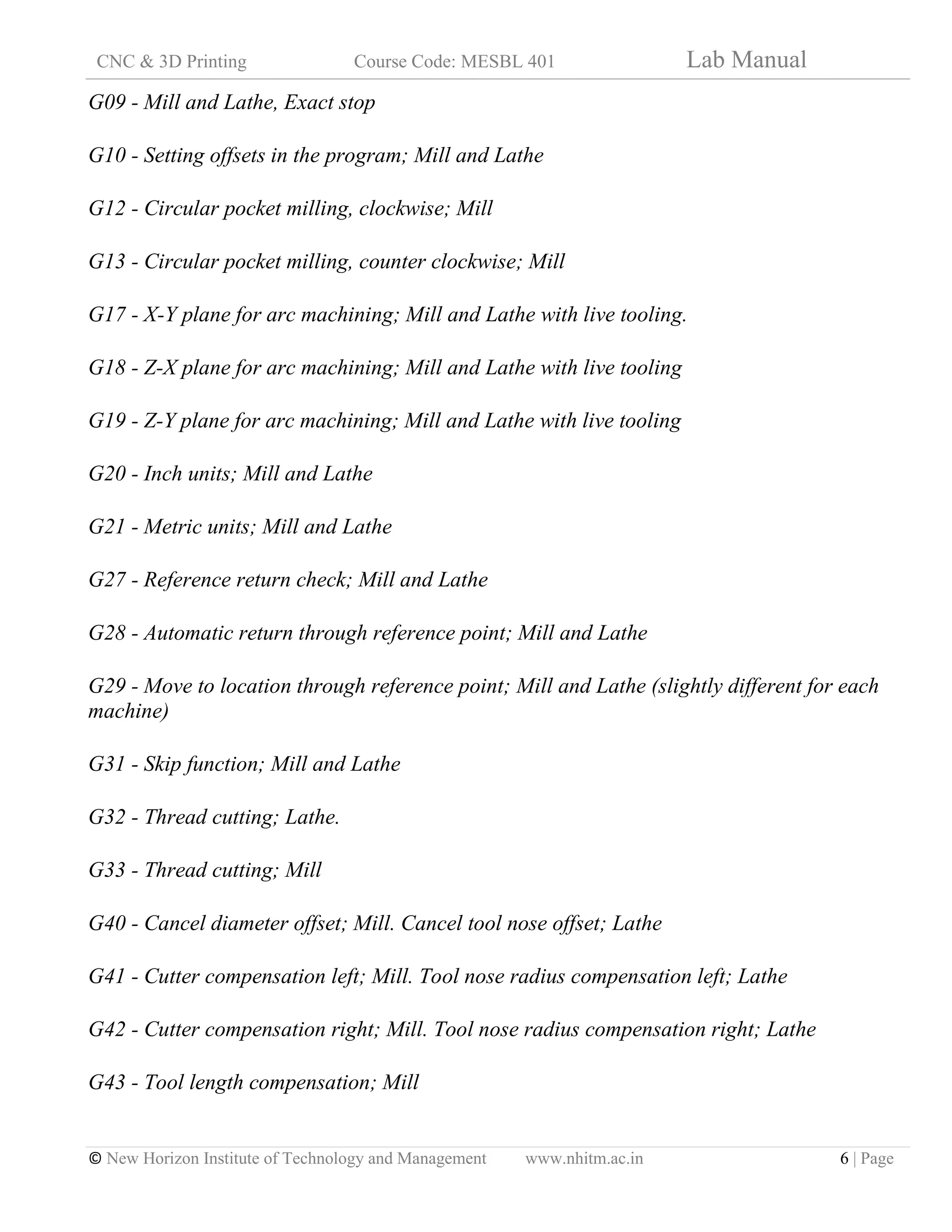 CNC & 3D Printing Course Code: MESBL 401 Lab Manual
© New Horizon Institute of Technology and Management www.nhitm.ac.in 6 | Page
G09 - Mill and Lathe, Exact stop
G10 - Setting offsets in the program; Mill and Lathe
G12 - Circular pocket milling, clockwise; Mill
G13 - Circular pocket milling, counter clockwise; Mill
G17 - X-Y plane for arc machining; Mill and Lathe with live tooling.
G18 - Z-X plane for arc machining; Mill and Lathe with live tooling
G19 - Z-Y plane for arc machining; Mill and Lathe with live tooling
G20 - Inch units; Mill and Lathe
G21 - Metric units; Mill and Lathe
G27 - Reference return check; Mill and Lathe
G28 - Automatic return through reference point; Mill and Lathe
G29 - Move to location through reference point; Mill and Lathe (slightly different for each
machine)
G31 - Skip function; Mill and Lathe
G32 - Thread cutting; Lathe.
G33 - Thread cutting; Mill
G40 - Cancel diameter offset; Mill. Cancel tool nose offset; Lathe
G41 - Cutter compensation left; Mill. Tool nose radius compensation left; Lathe
G42 - Cutter compensation right; Mill. Tool nose radius compensation right; Lathe
G43 - Tool length compensation; Mill
 