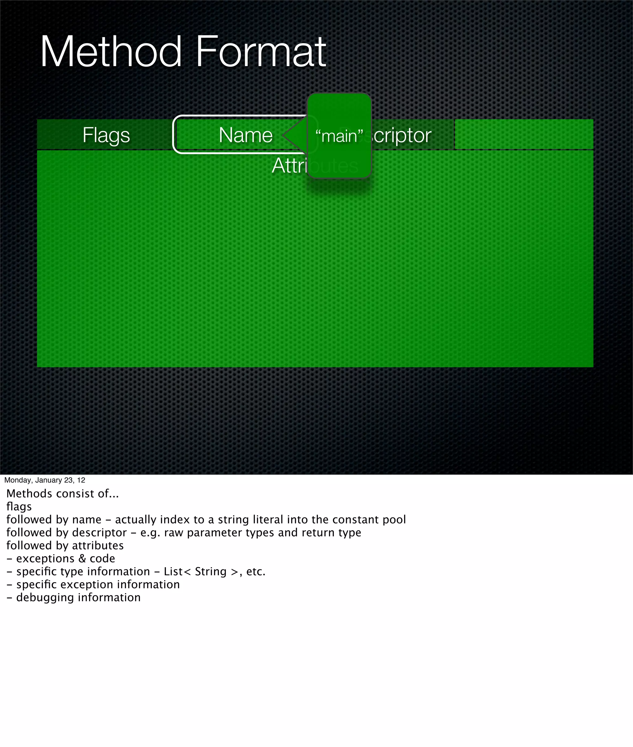 Method Format
                     Flags              Name        Descriptor
                                                  “main”
                                            Attributes




Monday, January 23, 12

Methods consist of...
ﬂags
followed by name - actually index to a string literal into the constant pool
followed by descriptor - e.g. raw parameter types and return type
followed by attributes
- exceptions & code
- speciﬁc type information - List< String >, etc.
- speciﬁc exception information
- debugging information
 