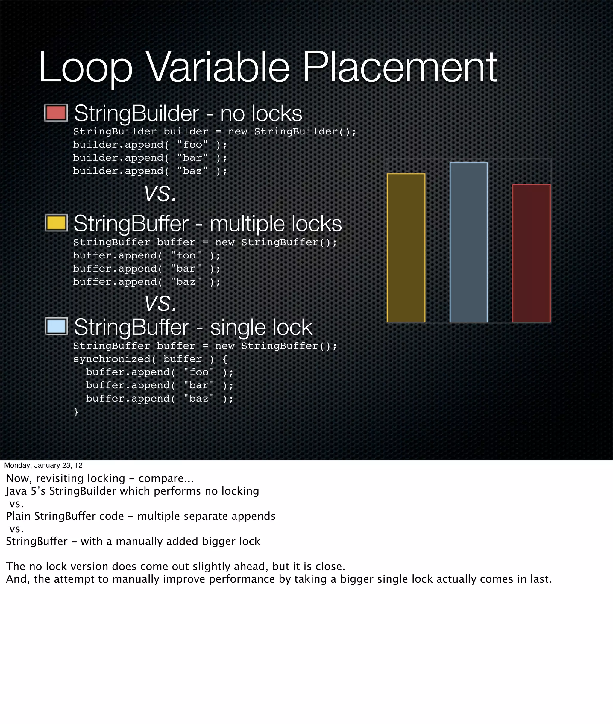 Loop Variable Placement
                   StringBuilder - no locks
                   StringBuilder builder   = new StringBuilder();
                   builder.append( "foo"   );
                   builder.append( "bar"   );
                   builder.append( "baz"   );

                              vs.
                   StringBuffer - multiple locks
                   StringBuffer buffer = new StringBuffer();
                   buffer.append( "foo" );
                   buffer.append( "bar" );
                   buffer.append( "baz" );

                              vs.
                   StringBuffer - single lock
                   StringBuffer buffer = new StringBuffer();
                   synchronized( buffer ) {
                     buffer.append( "foo" );
                     buffer.append( "bar" );
                     buffer.append( "baz" );
                   }



Monday, January 23, 12

Now, revisiting locking - compare...
Java 5’s StringBuilder which performs no locking
 vs.
Plain StringBuffer code - multiple separate appends
 vs.
StringBuffer - with a manually added bigger lock

The no lock version does come out slightly ahead, but it is close.
And, the attempt to manually improve performance by taking a bigger single lock actually comes in last.
 