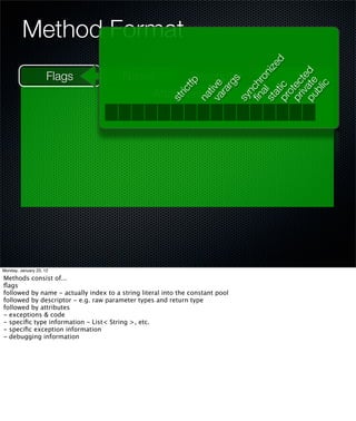 Method Format




                                                                               d
                                                                            ize
                     Flags              Name        Descriptor




                                                                pu te d
                                                                   al on


                                                                   iva te
                                                                          s
                                                            tfp




                                                                ﬁ n hr


                                                                pr ec
                                                                       rg




                                                                       ic
                                                                va e




                                                                pr ic
                                            Attributes




                                                                    tiv


                                                                   nc




                                                                    bl
                                                                   ra
                                                         ric




                                                                   ot
                                                                   at
                                                                na


                                                                sy
                                                       st




Monday, January 23, 12                                          st
Methods consist of...
ﬂags
followed by name - actually index to a string literal into the constant pool
followed by descriptor - e.g. raw parameter types and return type
followed by attributes
- exceptions & code
- speciﬁc type information - List< String >, etc.
- speciﬁc exception information
- debugging information
 