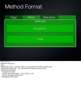 Method Format
                     Flags              Name        Descriptor
                                            Attributes

                                                Exceptions


                                                     Code




Monday, January 23, 12

Methods consist of...
ﬂags
followed by name - actually index to a string literal into the constant pool
followed by descriptor - e.g. raw parameter types and return type
followed by attributes
- exceptions & code
- speciﬁc type information - List< String >, etc.
- speciﬁc exception information
- debugging information
 
