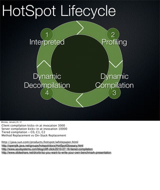 HotSpot Lifecycle
                                 1                                                      2
                          Interpreted                                        Proﬁling



                           Dynamic                                       Dynamic
                         Decompilation                                  Compilation
                                 4                                                      3



Monday, January 23, 12

Client compilation kicks-in at invocation 3000
Server compilation kicks-in at invocation 10000
Tiered compilation - C0, C1, C2
Method Replacement vs On-Stack Replacement

http://java.sun.com/products/hotspot/whitepaper.html
http://openjdk.java.net/groups/hotspot/docs/HotSpotGlossary.html
http://www.azulsystems.com/blog/cliff-click/2010-07-16-tiered-compilation
http://www.slideshare.net/drorbr/so-you-want-to-write-your-own-benchmark-presentation
 