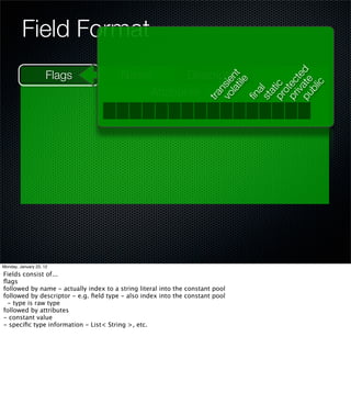 Field Format
                     Flags              Name        Descriptor




                                                                     pu te d
                                                                         lat nt




                                                                        iva te
                                                                             ile
                                                                     vo ie




                                                                     pr ec

                                                                            ic
                                                                     pr ic
                                                                          ns
                                            Attributes




                                                                         bl
                                                                        ot
                                                                        al
                                                                        at
                                                                     tra


                                                                     ﬁn
Monday, January 23, 12                                               st
Fields consist of...
ﬂags
followed by name - actually index to a string literal into the constant pool
followed by descriptor - e.g. ﬁeld type - also index into the constant pool
 - type is raw type
followed by attributes
- constant value
- speciﬁc type information - List< String >, etc.
 