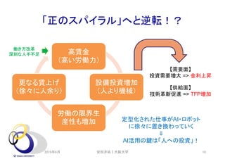 「正のスパイラル」へと逆転！？
高賃金
（高い労働力）
設備投資増加
（人より機械）
労働の限界生
産性も増加
更なる賃上げ
（徐々に人余り）
【需要面】
投資需要増大 => 金利上昇
【供給面】
技術革新促進 => TFP増加
働き方改革
深刻な人手不足
定型化された仕事がAI・ロボット
に徐々に置き換わっていく
AI活用の鍵は「人への投資」！
2019年6月 安田洋祐｜大阪大学 10
 