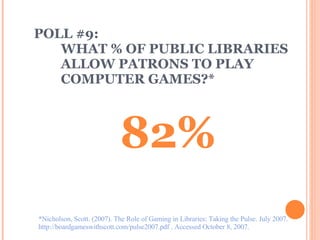 POLL #9: WHAT % OF PUBLIC LIBRARIES ALLOW PATRONS TO PLAY COMPUTER GAMES?* 82% *Nicholson, Scott. (2007). The Role of Gaming in Libraries: Taking the Pulse. July 2007.  http://boardgameswithscott.com/pulse2007.pdf . Accessed October 8, 2007. 
