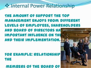  Internal Power Relationship
The amount of support the top
management enjoys from different
levels of employees, shareholders
and board of directors have
important influence on the decisions
and their implementation.
For example: relationship between
the
members of the board of director

 