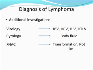 Diagnosis of Lymphoma
• Additional investigations
Virology HBV, HCV, HIV, HTLV
Cytology Body fluid
FNAC Transformation, Not
Dx
 