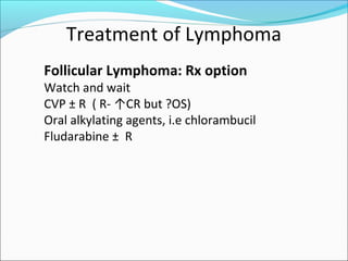 Treatment of Lymphoma
Follicular Lymphoma: Rx option
Watch and wait
CVP ± R ( R- ↑CR but ?OS)
Oral alkylating agents, i.e chlorambucil
Fludarabine ± R
 