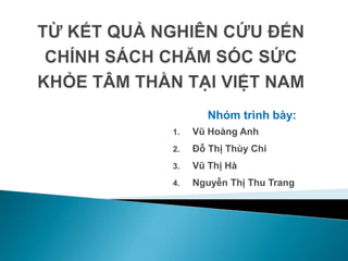Nhóm trình bày:
1. Vũ Hoàng Anh
2. Đỗ Thị Thùy Chi
3. Vũ Thị Hà
4. Nguyễn Thị Thu Trang
 