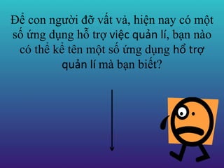 Để con người đỡ vất vả, hiện nay có một
số ứng dụng hỗ trợ việc quản lí, bạn nào
có thể kể tên một số ứng dụng hổ trợ
quản lí mà bạn biết?
 