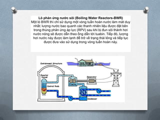 Lò phản ứng nước sôi (Boiling Water Reactors-BWR)
Một lò BWR thì chỉ sử dụng một vòng tuần hoàn nước làm mát duy
nhất: lượng nước bao quanh các thanh nhiên liệu được đặt bên
trong thùng phản ứng áp lực (RPV) sau khi bị đun sôi thành hơi
nước nóng sẽ được dẫn theo ống dẫn tới tuabin. Tiếp đó, lượng
hơi nước này được làm lạnh để trở về trạng thái lỏng và tiếp tục
được đưa vào sử dụng trong vòng tuần hoàn này.

 