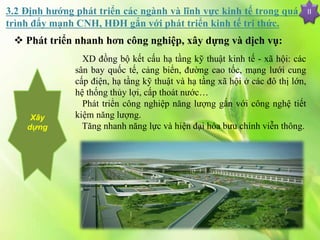 II
Xây
dựng
XD đồng bộ kết cấu hạ tầng kỹ thuật kinh tế - xã hội: các
sân bay quốc tế, cảng biển, đường cao tốc, mạng lưới cung
cấp điện, hạ tầng kỹ thuật và hạ tầng xã hội ở các đô thị lớn,
hệ thống thủy lợi, cấp thoát nước…
Phát triển công nghiệp năng lượng gắn với công nghệ tiết
kiệm năng lượng.
Tăng nhanh năng lực và hiện đại hóa bưu chính viễn thông.
3.2 Định hướng phát triển các ngành và lĩnh vực kinh tế trong quá
trình đẩy mạnh CNH, HĐH gắn với phát triển kinh tế tri thức.
 Phát triển nhanh hơn công nghiệp, xây dựng và dịch vụ:
 