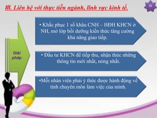 III
III. Liên hệ với thực tiễn ngành, lĩnh vực kinh tế.
Giải
pháp
• Khắc phục 1 số khâu CNH – HĐH KHCN ở
NH, mở lớp bồi dưỡng kiến thức tăng cường
khả năng giao tiếp.
• Đầu tư KHCN để tiếp thu, nhận thức những
thông tin mới nhất, nóng nhất.
•Mỗi nhân viên phải ý thức được hành động về
tính chuyên môn làm việc của mình.
 