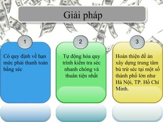 Giải pháp
1
Có quy định về hạn
mức phải thanh toán
bằng séc
2
Tự động hóa quy
trình kiểm tra séc
nhanh chóng và
thuân tiện nhất
3
Hoàn thiện đề án
xây dựng trung tâm
bù trừ séc tại một số
thành phố lớn như
Hà Nội, TP. Hồ Chí
Minh.
 