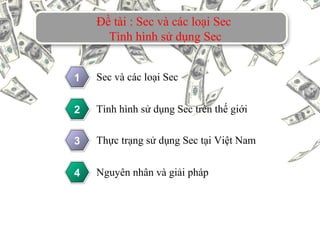 Đề tài : Sec và các loại Sec
Tình hình sử dụng Sec
Sec và các loại Sec1
Tình hình sử dụng Sec trên thế giới2
Thực trạng sử dụng Sec tại Việt Nam3
Nguyên nhân và giải pháp4
 