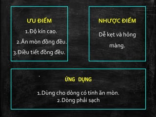 ỨNG DỤNG
1.Dùng cho dòng có tính ăn mòn.
2.Dòng phải sạch
ƯU ĐIỂM
1.Độ kín cao.
2.Ăn mòn đồng đều.
3.Điều tiết đồng đều.
.
NHƯỢC ĐIỂM
Dễ kẹt và hỏng
màng.
 