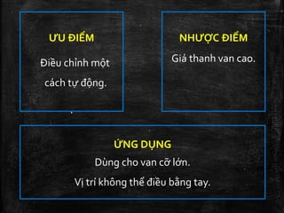 ỨNG DỤNG
Dùng cho van cỡ lớn.
Vị trí không thể điều bằng tay.
ƯU ĐIỂM
Điều chỉnh một
cách tự động.
.
NHƯỢC ĐIỂM
Giá thanh van cao.
 