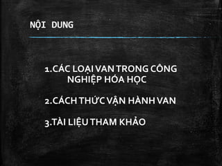 NỘI DUNG
1.CÁC LOẠIVANTRONG CÔNG
NGHIỆP HÓA HỌC
2.CÁCHTHỨCVẬN HÀNHVAN
3.TÀI LIỆUTHAM KHẢO
 