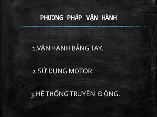 PHƯƠNG PHÁP VẬN HÀNH
1.VẬN HÀNH BẰNGTAY.
2.SỬ DỤNG MOTOR.
3.HỆTHỐNGTRUYỀN Đ ỘNG.
 
