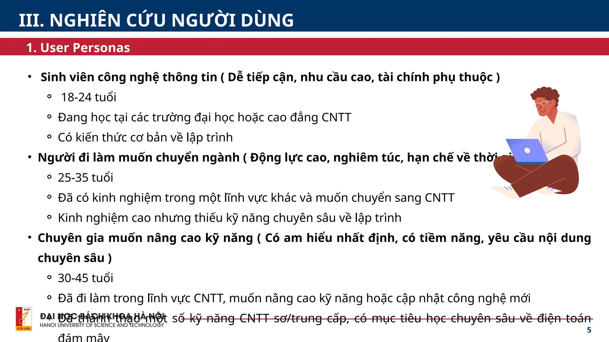 • Sinh viên công nghệ thông tin ( Dễ tiếp cận, nhu cầu cao, tài chính phụ thuộc )
⚬ 18-24 tuổi
⚬ Đang học tại các trường đại học hoặc cao đẳng CNTT
⚬ Có kiến thức cơ bản về lập trình
• Người đi làm muốn chuyển ngành ( Động lực cao, nghiêm túc, hạn chế về thời gian )
⚬ 25-35 tuổi
⚬ Đã có kinh nghiệm trong một lĩnh vực khác và muốn chuyển sang CNTT
⚬ Kinh nghiệm cao nhưng thiếu kỹ năng chuyên sâu về lập trình
• Chuyên gia muốn nâng cao kỹ năng ( Có am hiểu nhất định, có tiềm năng, yêu cầu nội dung
chuyên sâu )
⚬ 30-45 tuổi
⚬ Đã đi làm trong lĩnh vực CNTT, muốn nâng cao kỹ năng hoặc cập nhật công nghệ mới
⚬ Đã thành thạo một số kỹ năng CNTT sơ/trung cấp, có mục tiêu học chuyên sâu về điện toán
5
1. User Personas
III. NGHIÊN CỨU NGƯỜI DÙNG
 