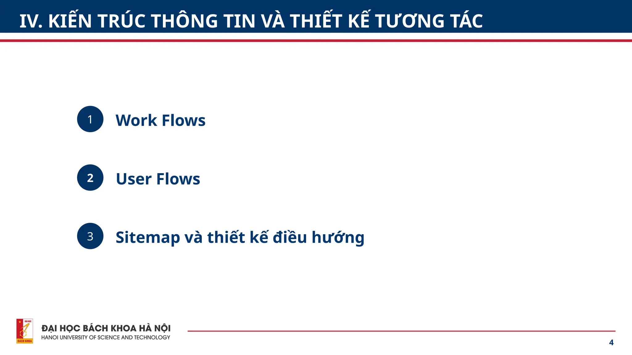 4
IV. KIẾN TRÚC THÔNG TIN VÀ THIẾT KẾ TƯƠNG TÁC
3
2
Sitemap và thiết kế điều hướng
User Flows
1 Work Flows
 