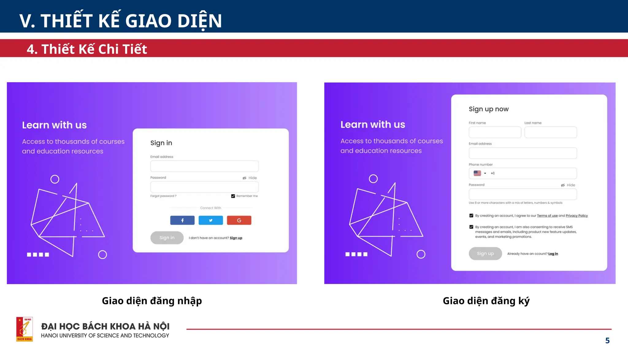 5
4. Thiết Kế Chi Tiết
V. THIẾT KẾ GIAO DIỆN
Giao diện đăng nhập Giao diện đăng ký
 