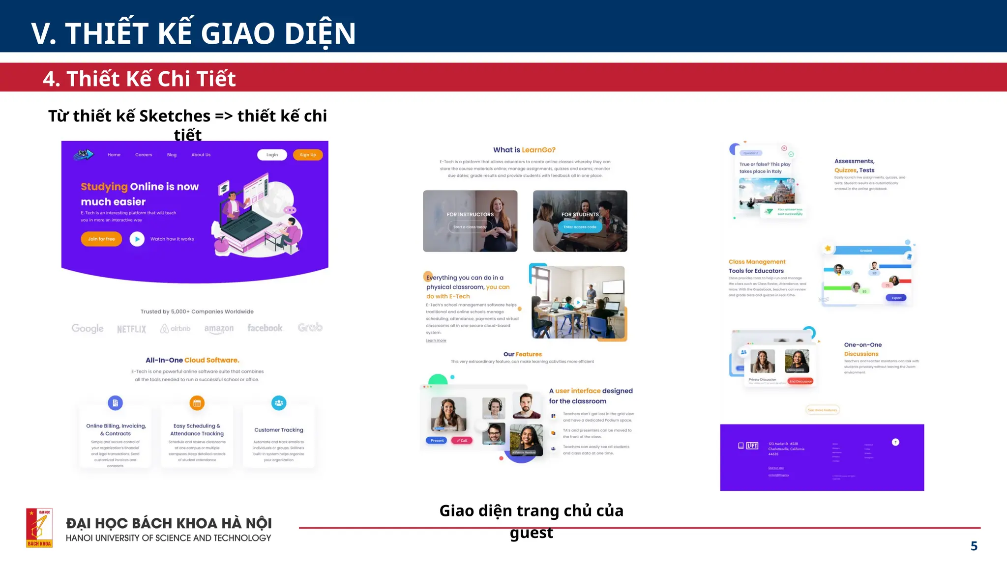 5
4. Thiết Kế Chi Tiết
V. THIẾT KẾ GIAO DIỆN
Từ thiết kế Sketches => thiết kế chi
tiết
Giao diện trang chủ của
guest
 