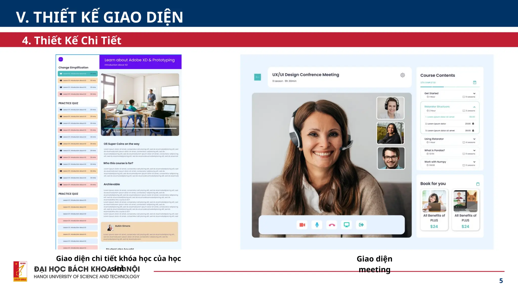 5
4. Thiết Kế Chi Tiết
V. THIẾT KẾ GIAO DIỆN
Giao diện chi tiết khóa học của học
sinh
Giao diện
meeting
 