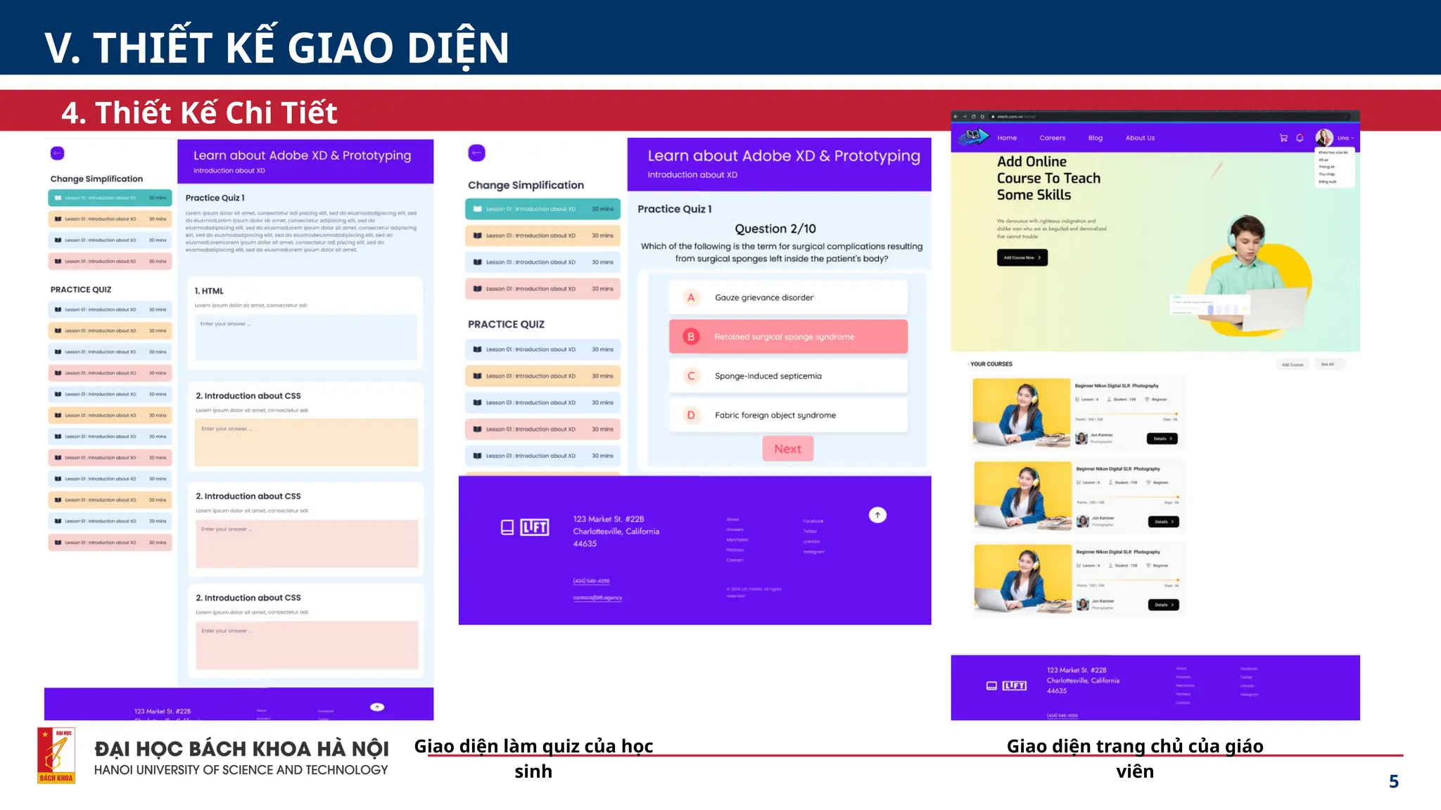 5
4. Thiết Kế Chi Tiết
V. THIẾT KẾ GIAO DIỆN
Giao diện trang chủ của giáo
viên
Giao diện làm quiz của học
sinh
 