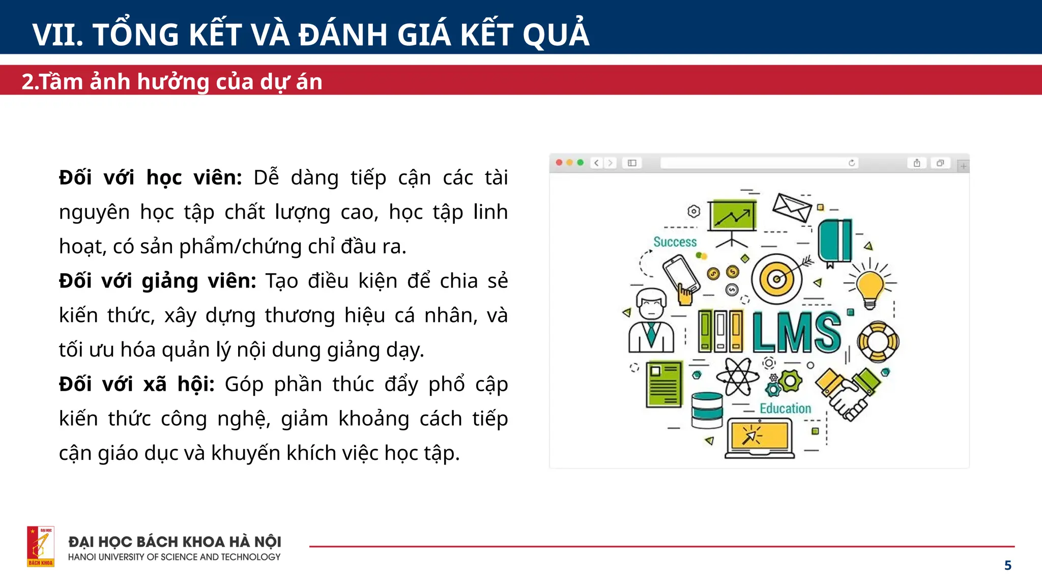 5
Đối với học viên: Dễ dàng tiếp cận các tài
nguyên học tập chất lượng cao, học tập linh
hoạt, có sản phẩm/chứng chỉ đầu ra.
Đối với giảng viên: Tạo điều kiện để chia sẻ
kiến thức, xây dựng thương hiệu cá nhân, và
tối ưu hóa quản lý nội dung giảng dạy.
Đối với xã hội: Góp phần thúc đẩy phổ cập
kiến thức công nghệ, giảm khoảng cách tiếp
cận giáo dục và khuyến khích việc học tập.
2.Tầm ảnh hưởng của dự án
VII. TỔNG KẾT VÀ ĐÁNH GIÁ KẾT QUẢ
 