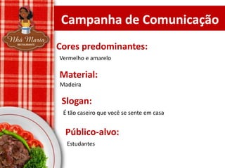 Campanha de Comunicação
Cores predominantes:
Vermelho e amarelo

Material:
Madeira

Slogan:
É tão caseiro que você se sente em casa

Público-alvo:
Estudantes

 