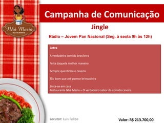 Campanha de Comunicação
Jingle
Rádio – Jovem Pan Nacional (Seg. à sexta 9h às 12h)
Letra
A verdadeira comida brasileira
Feita daquela melhor maneira
Sempre quentinha e caseira
Tão bom que até parece brincadeira
Sinta-se em casa
Restaurante Nhá Maria – O verdadeiro sabor da comida caseira

Locutor: Luis Felipe

Valor: R$ 213.700,00

 