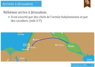 Panorama	
  de	
  la	
  Bible	
  	
   15	
  
Néhémie	
  arrive	
  à	
  Jérusalem.	
  
■  Il	
  est	
  escorté	
  par	
  des	
  chefs	
  de	
  l’armée	
  babylonienne	
  et	
  par	
  
des	
  cavaliers.	
  (néh	
  2:7)	
  
	
  
Arrivée	
  à	
  Jérusalem	
  
Suze
 