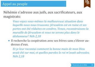Panorama	
  de	
  la	
  Bible	
  	
   18	
  
Néhémie	
  s'adresse	
  aux	
  juifs,	
  aux	
  sacrigicateurs,	
  aux	
  
magistrats:	
  
Vous	
  voyez	
  vous-­‐mêmes	
  la	
  malheureuse	
  situation	
  dans	
  
laquelle	
  nous	
  nous	
  trouvons:	
  Jérusalem	
  est	
  en	
  ruine	
  et	
  ses	
  
portes	
  ont	
  été	
  réduites	
  en	
  cendres.	
  Venez,	
  reconstruisons	
  la	
  
muraille	
  de	
  Jérusalem	
  et	
  nous	
  ne	
  serons	
  plus	
  dans	
  le	
  
déshonneur!	
  Néh	
  2,18	
  
■  Il	
  recherche	
  la	
  coopération	
  avec	
  ses	
  frères	
  sans	
  s’élever	
  au-­‐
dessus	
  d’eux.	
  	
  
Et	
  je	
  leur	
  racontai	
  comment	
  la	
  bonne	
  main	
  de	
  mon	
  Dieu	
  
avait	
  été	
  sur	
  moi,	
  et	
  quelles	
  paroles	
  le	
  roi	
  m'avait	
  adressées.	
  
Néh	
  2,18 	
  	
  
	
  
Appel	
  au	
  peuple	
  
 