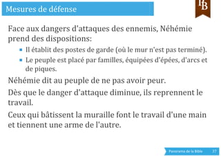 Panorama	
  de	
  la	
  Bible	
  	
   37	
  
Face	
  aux	
  dangers	
  d'attaques	
  des	
  ennemis,	
  Néhémie	
  
prend	
  des	
  dispositions:	
  
■  Il	
  établit	
  des	
  postes	
  de	
  garde	
  (où	
  le	
  mur	
  n'est	
  pas	
  terminé).	
  
■  Le	
  peuple	
  est	
  placé	
  par	
  familles,	
  équipées	
  d'épées,	
  d'arcs	
  et	
  
de	
  piques.	
  
Néhémie	
  dit	
  au	
  peuple	
  de	
  ne	
  pas	
  avoir	
  peur.	
  
Dès	
  que	
  le	
  danger	
  d'attaque	
  diminue,	
  ils	
  reprennent	
  le	
  
travail.	
  
Ceux	
  qui	
  bâtissent	
  la	
  muraille	
  font	
  le	
  travail	
  d'une	
  main	
  
et	
  tiennent	
  une	
  arme	
  de	
  l'autre.	
  
Mesures	
  de	
  défense	
  
 